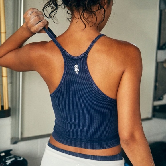 FP Movement Happiness Runs Long Cropped Tank Top ribbed vintage navy M/L faded - Picture 1 of 7